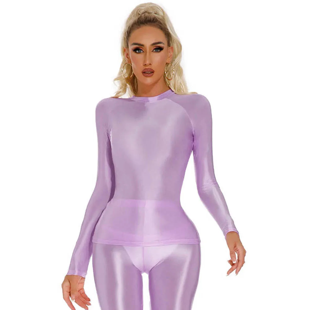 Glossy Shiny Elasitc Long Sleeve Shirt Women Fitness Gym Athletic Yoga Tshirt Tights Hot Sexy Tees Casual Crop Tops Bustier Top