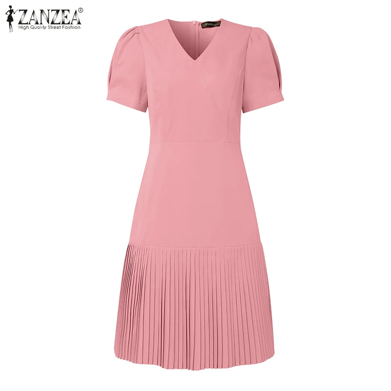 Elegant Pleated Dresses Women Summer Dress V Neck Puff Sleeve Party Vestidos Stylish Solid OL Work Sundress