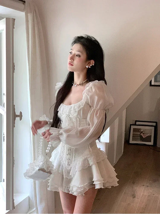White French Elegant Evening Party Dress Women Casual Sexy Lace Puffed