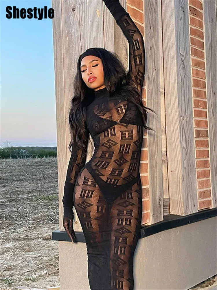 Shestyle See Through Super Elastic Long Pencil Dress Women Letter