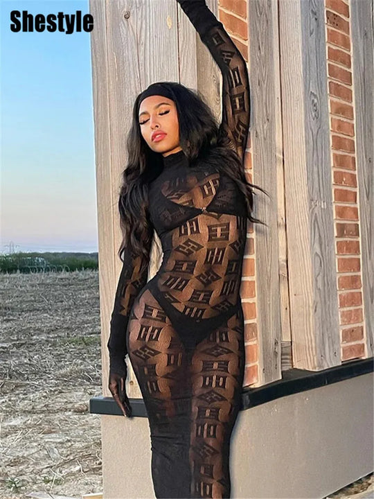 Shestyle See Through Super Elastic Long Pencil Dress Women Letter