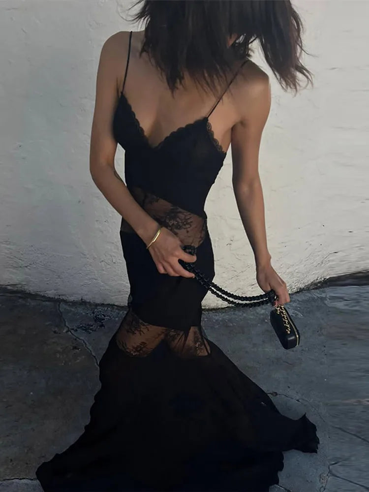 Lace See Through Sling Maxi Dress Women Sexy Slim Black Backless