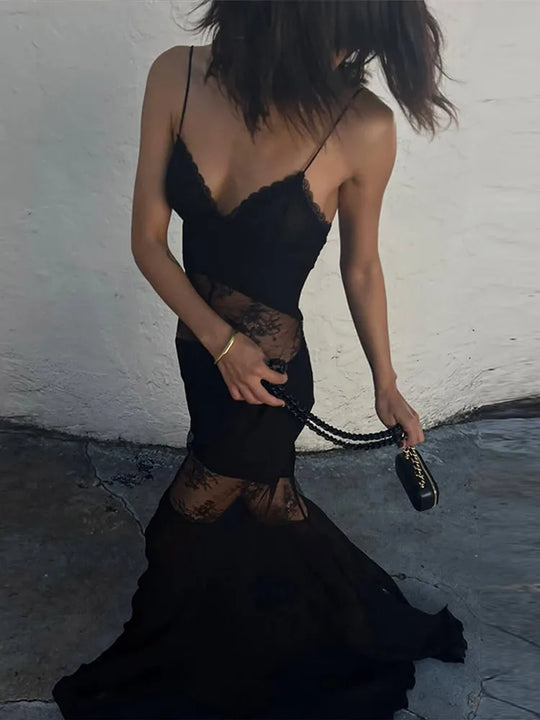 Lace See Through Sling Maxi Dress Women Sexy Slim Black Backless