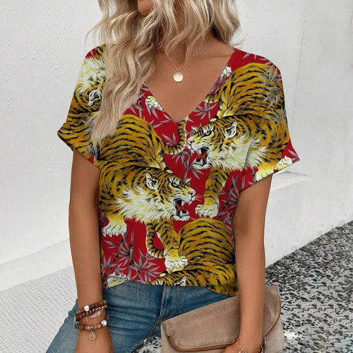 Summer clothing V-neck sexy leopard print T-shirt animal pattern