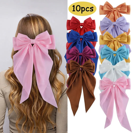 10PCS Elegant Bow Ribbon Hair Clip Women Fashion Simple Solid Satin