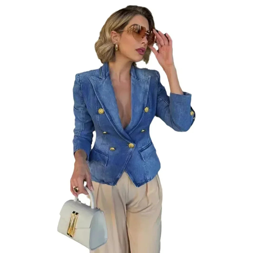 Autumn Winter Women's Clothes Denim Jacket Suit Double Breasted Blazer