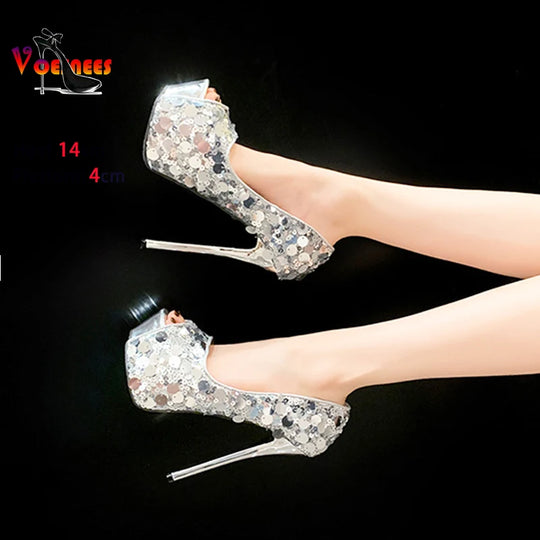 Women 14CM High Heels Bling Sequined Fashion Peep Toe Pumps 4CM Platform Stilettos 2024 New Elegant Ladies Party Single Shoes