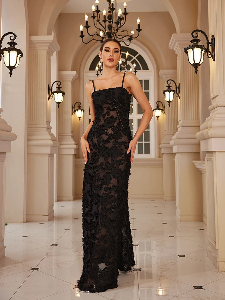 Mingmingxi Formal Occasion Dresses Maxi Black Appliques Dresses For
