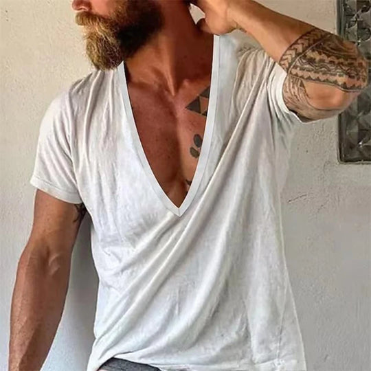 Vintage Loose Cotton T Shirts Men Casual V Neck Short Sleeve Solid