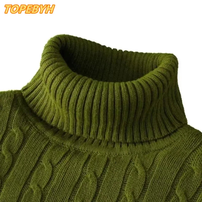 Men's High Neck Sweater Solid Color Pullover Knitted Warm Casual