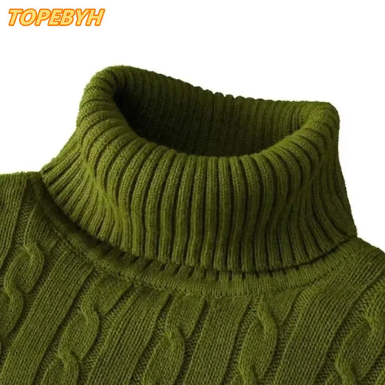 Men's High Neck Sweater Solid Color Pullover Knitted Warm Casual