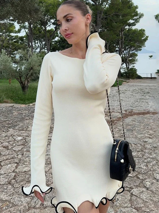 Tossy Fashion Women's Knit Mini Dress Ruffled Autumn High Waist