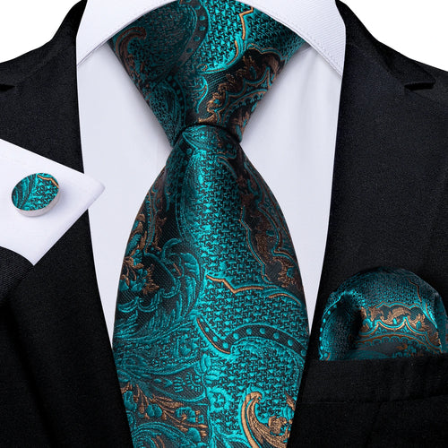 DeBanker Men Necktie Teal Blue Paisley Designer Silk Wedding Tie For
