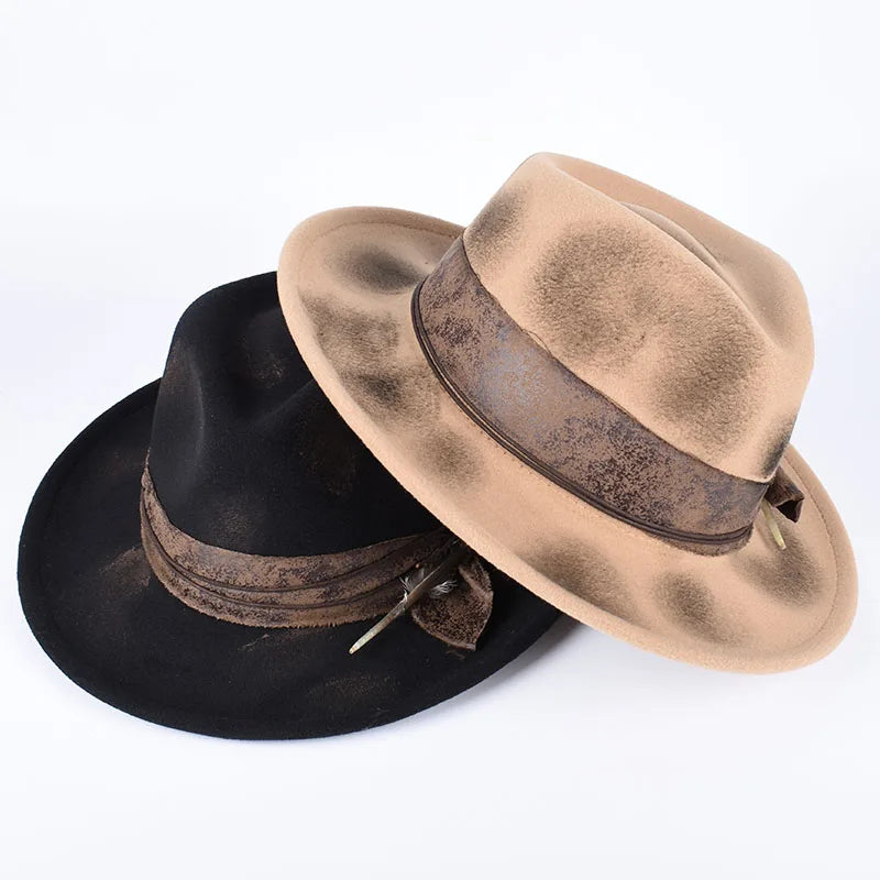 Vintage Feather Fedora Felt Hat Women Men Gentleman Hats New Autumn Casual Wide Brim Black Top Hat British Men's  Jazz Cap