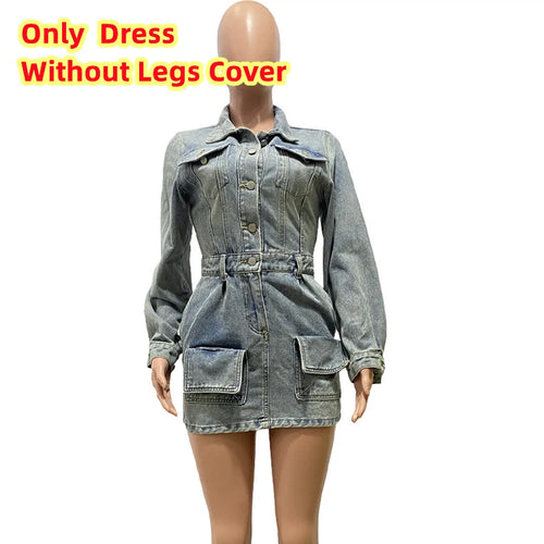 FAGADOER Fashion Button Long Sleeve Denim Mini Dress Women Turndown