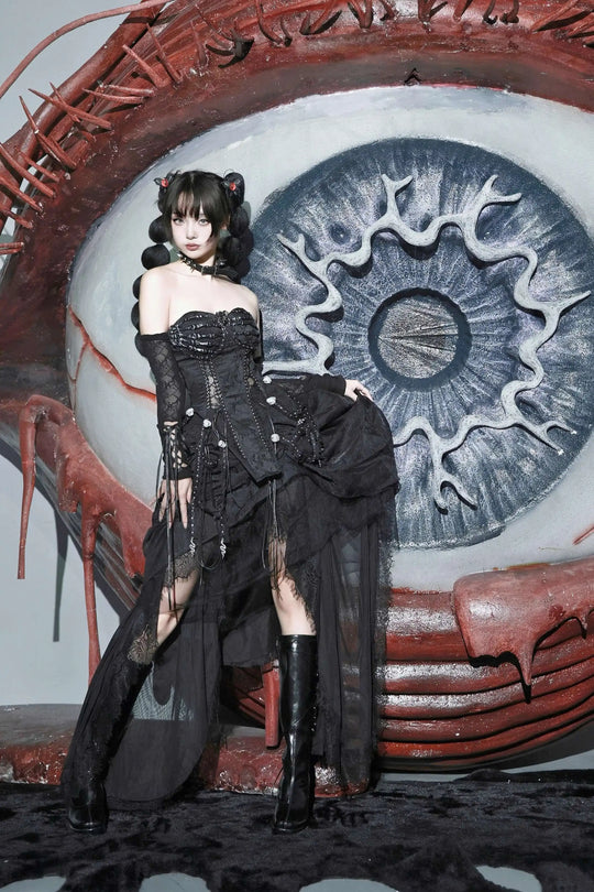 TDH Heavy Industries Handmade Pure Black Gothic Black Strap Drawstring Chest, Bird Cage, Affordable Bundle Body, Skincare Top