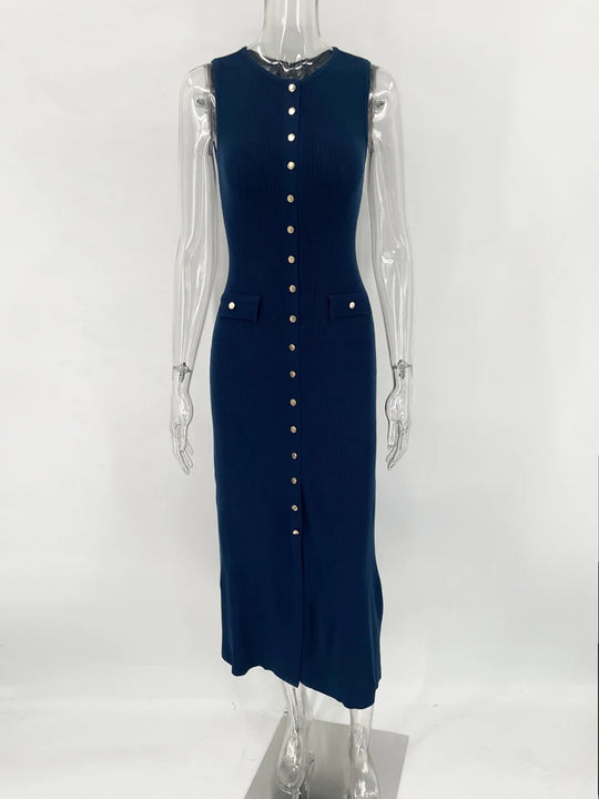 Knit Ribbed Cardigan Maxi Dress Female High Waist Slim Pocket