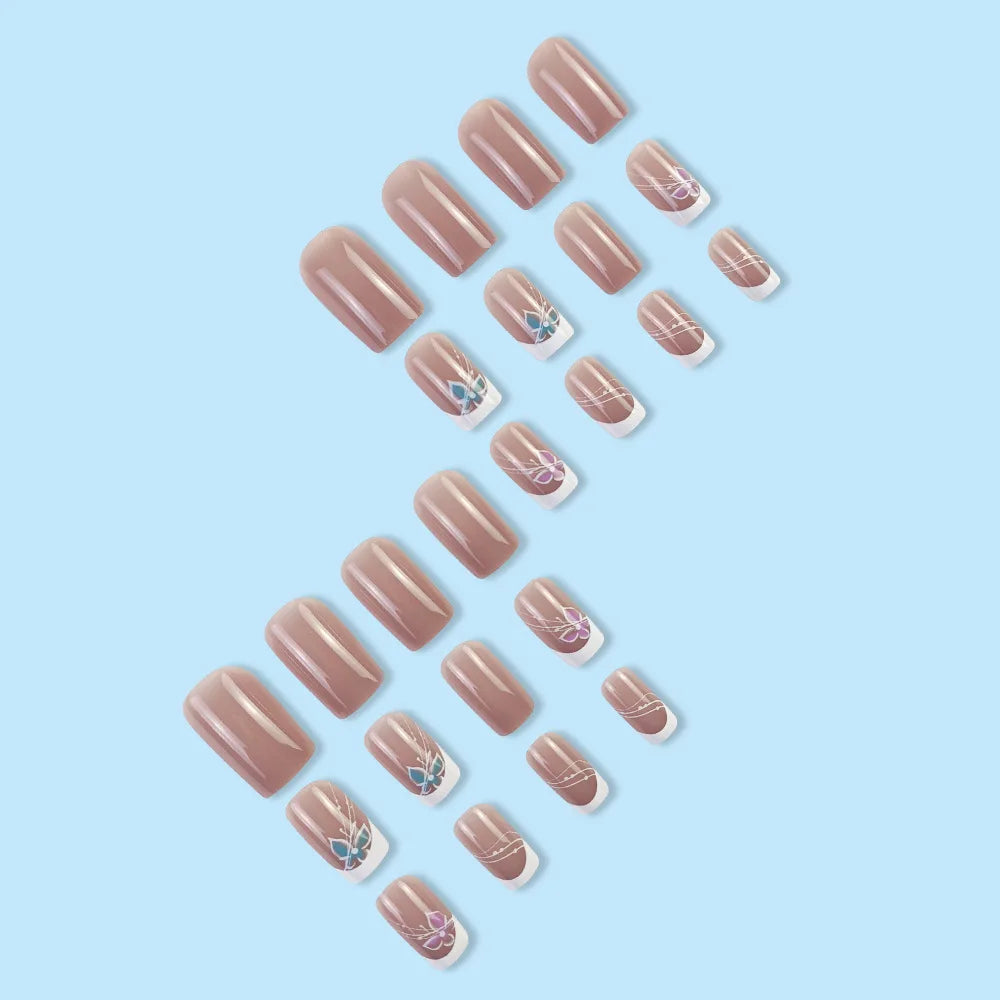 24pcs/set short saure fake nails for Spring summer season french style flowers butterfly design press on false nail art tips