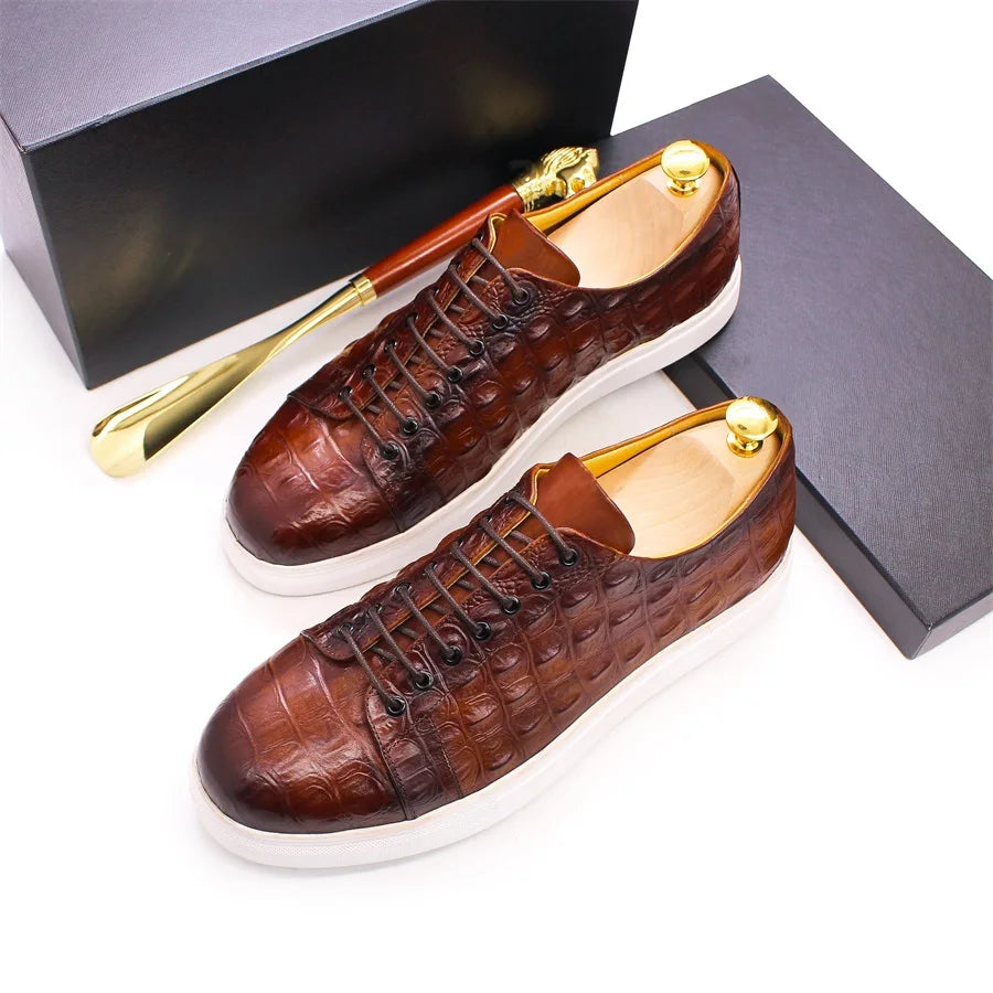 Men's Crocodile Leather Shoes Luxury Handmade Brown Casual Shoes Lace-up Flat Sneakers Banquet Daily Party Dating Men's Shoes