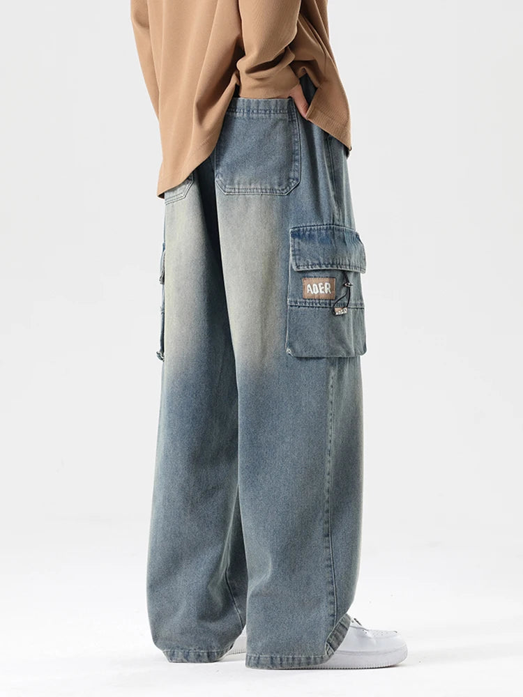 2024 Autumn New Men's Cargo Jeans Big Size 8XL 7XL 6XL String Banding