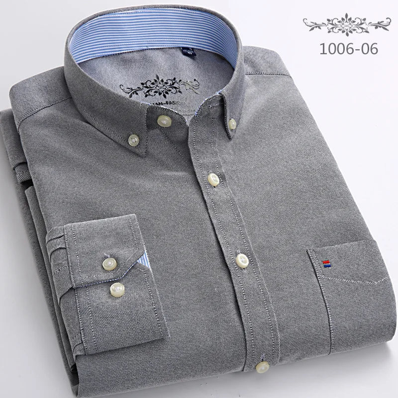 New Men's Long Sleeve Oxford PlaidStriped Casual Shirt Front Patch