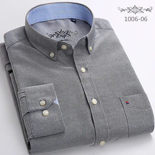 New Men's Long Sleeve Oxford PlaidStriped Casual Shirt Front Patch