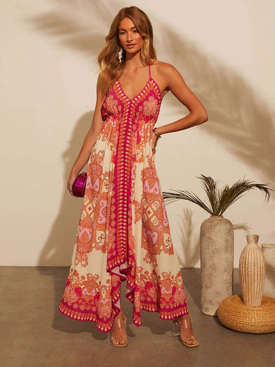 Women's Summer V-neck Halter Bohemian Floral Long Dress,Women