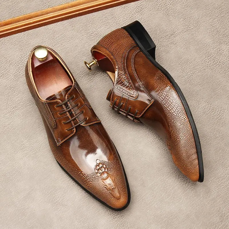 Men's Trendy Genuine Leather British-style Pointed Toe Dress Shoes, Lace-Up Business Formal Oxfords Shoes