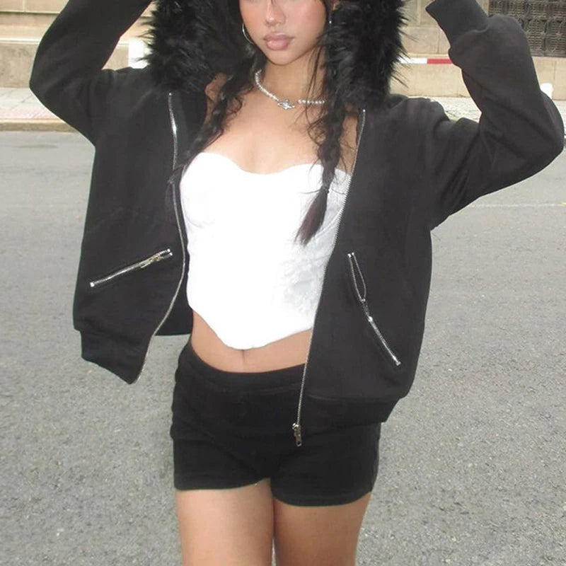 Goth Dark Faux Fur Collar Hooded Zip Up Hoodies Gothic Grunge Pockets
