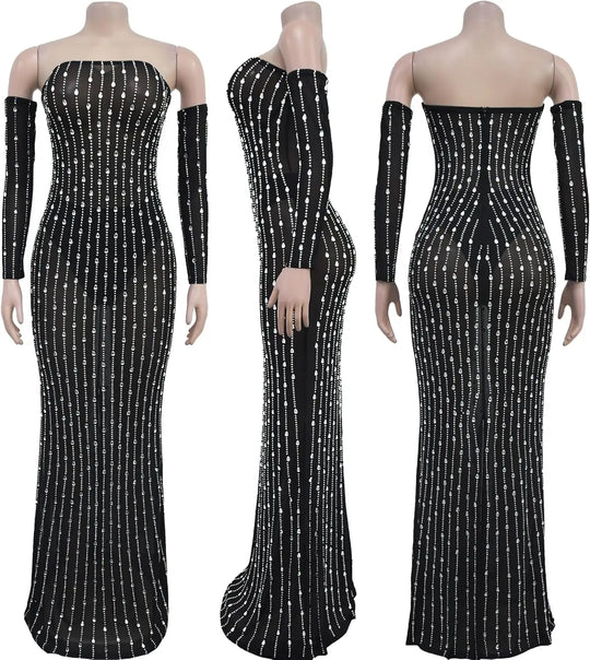 Women's Hot Drilling Craft Sexy Long Sleeve Mesh See Through Sequined Party Club Night Rhinestone Dress