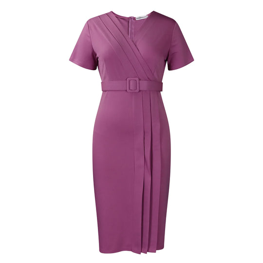 Elegant Office Dresses for Women V Neck Short Sleeve Belt Waisted Pleated Mid Calf Formal Business Work Wear Dress Midi Clothes