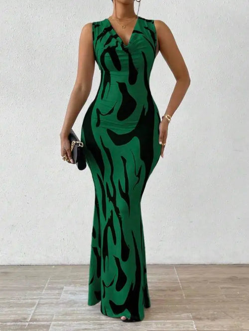 Women Print Dress Sleeveless Splice Slim Fit Long Dresses Midi Waist