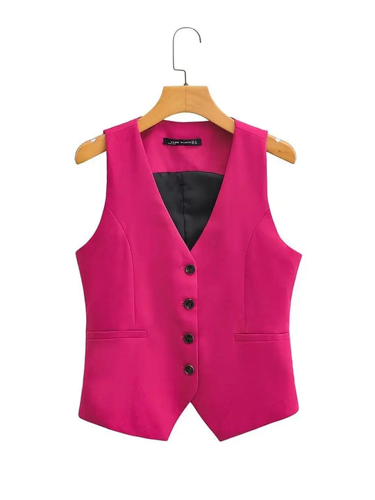 Women Fashion V Neck Sleeveless Pockets Short Vest Jacket Office Lady