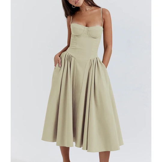 Elegant Spaghetti Strap Midi Dress Women Party Slim A Line Solid Suspender Lady Dresses New Spring Summer Fashion Sexy Vestidos