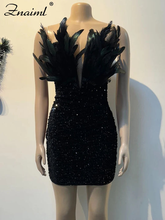Znaiml Luxury Birthday Women’s Feathers Sequin Strapless Deep V-neck