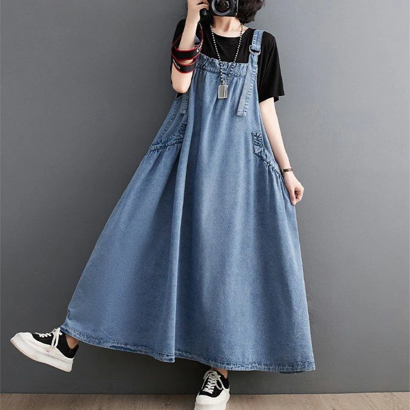 Summer Autumn Loose Casual Fashion Denim Slip Dress Ladies Sleeveless Harajuku Y2K All-match Pocket A-line Robe Women Vestidos