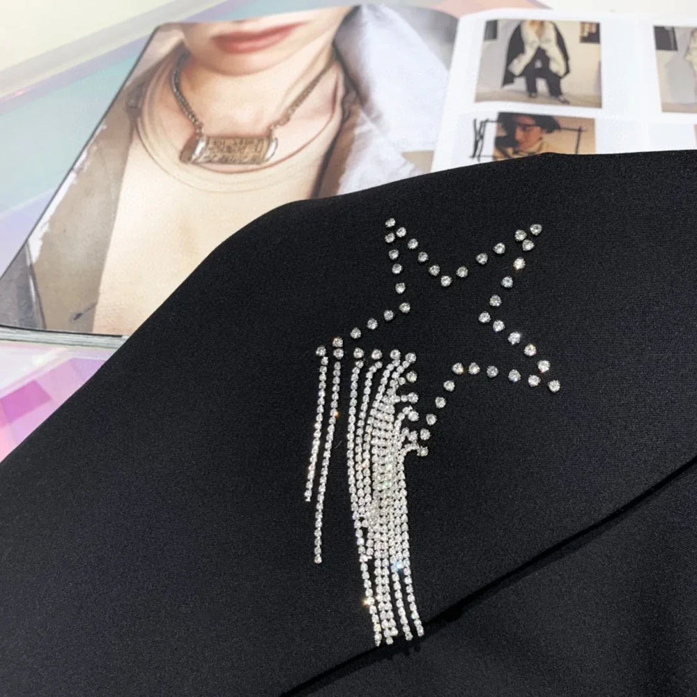 Women Black Diamonds Beaded Stars Tassels Blazers Coat Rhinestones