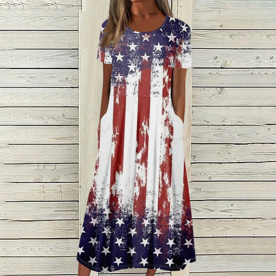 Women's Summer Dresses Casual Fashion Independence Day Printed Dress New Short Sleeved Round Neck Pocket Dress vestidos longos