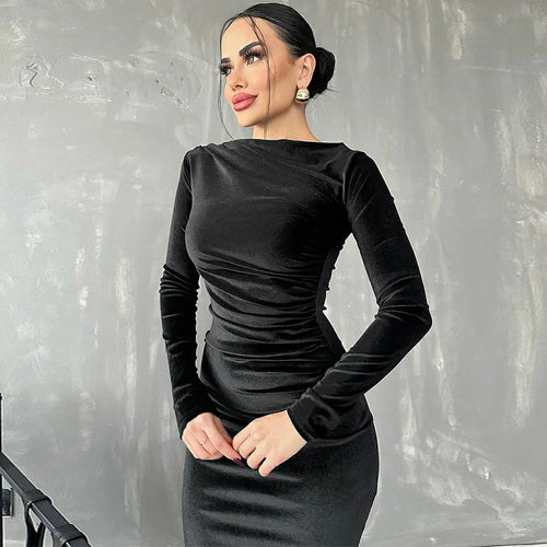 Dulzura Spring Summer Velvet Long Sleeve Midi Dress For Women