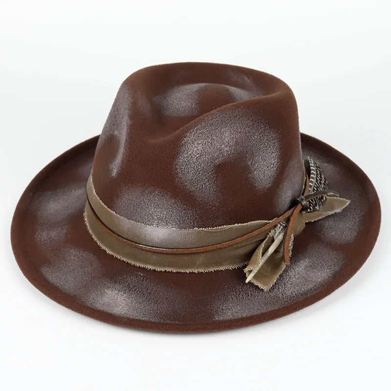 Vintage Feather Fedora Felt Hat Women Men Gentleman Hats New Autumn Casual Wide Brim Black Top Hat British Men's  Jazz Cap