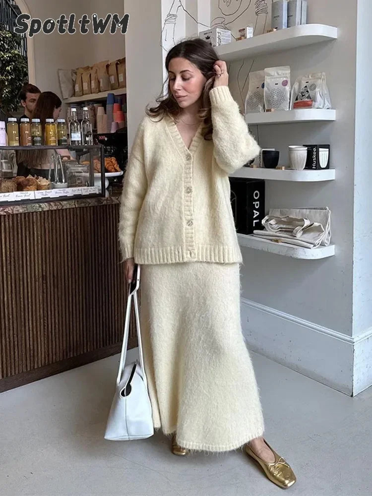 Elegant Solid Mohair Skirt Sets Women Autumn Knit V Neck Cardigan