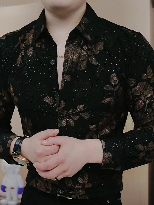 New Long-sleeved Printed Lapel Shirt Versatile Men Fashionable Thick Korean Button Sequins