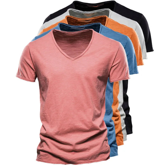 Wholesale Drop-Ship 100% Cotton Men T-shirt V-neck Slim Soild T-shirts