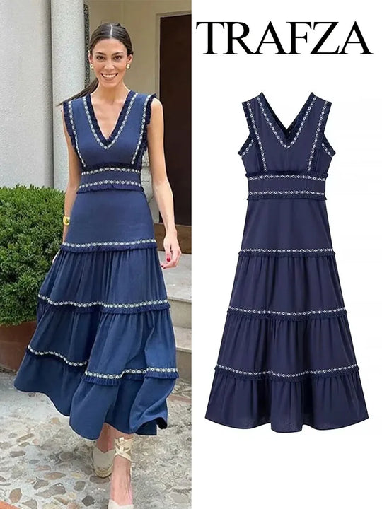 TRAFZA Summer Fashion Women Dresses V-Neck Sleeveless Back Zipper Lace
