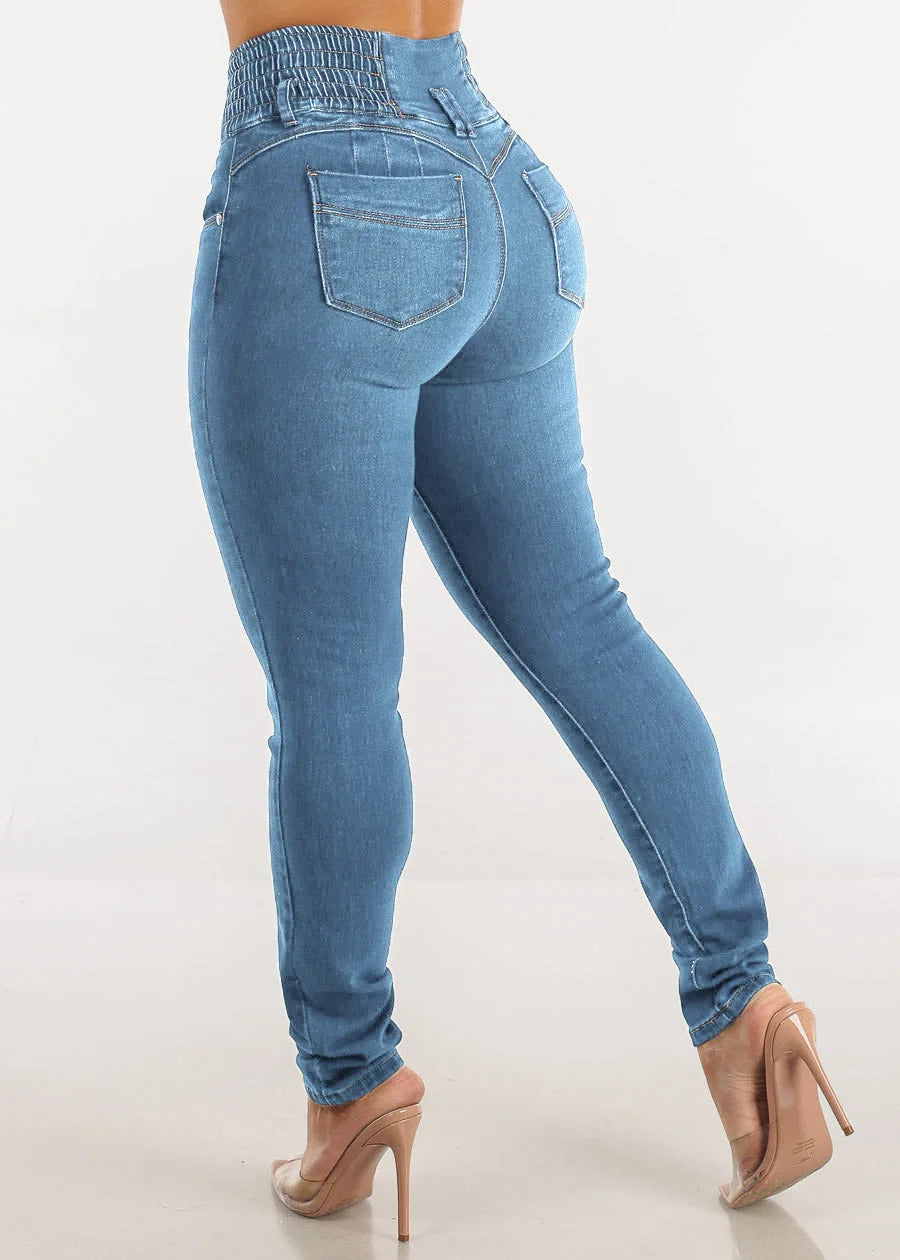 Jeans Pencil Pants Women 2025 Skinny Trousers High Waist Strecth Washed Distressed Pockets Buttons Vintage Denims Streetwear