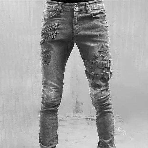 Street Skinny Ripped Jeans Men Denim Cargo Pants Wash Solid Color