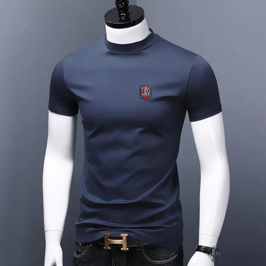 Men's Casual Turtleneck T-Shirts Short Sleeve Solid Slim Fit Silk High
