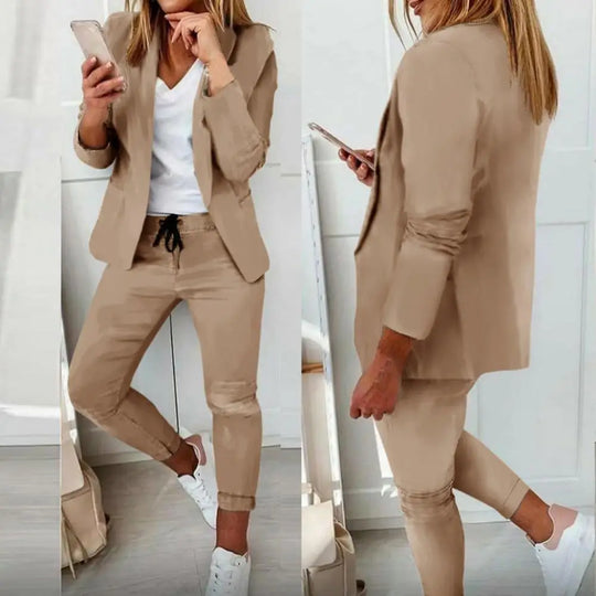 Stylish Suit Set Solid Color Female Open Stitch Blazer Elastic Waist