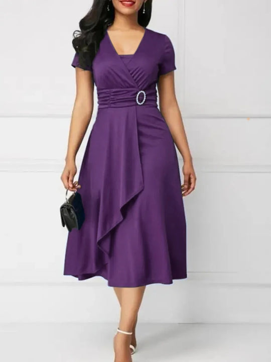 Summer Dresses Elegant Women Solid Color Short Sleeve V Neck