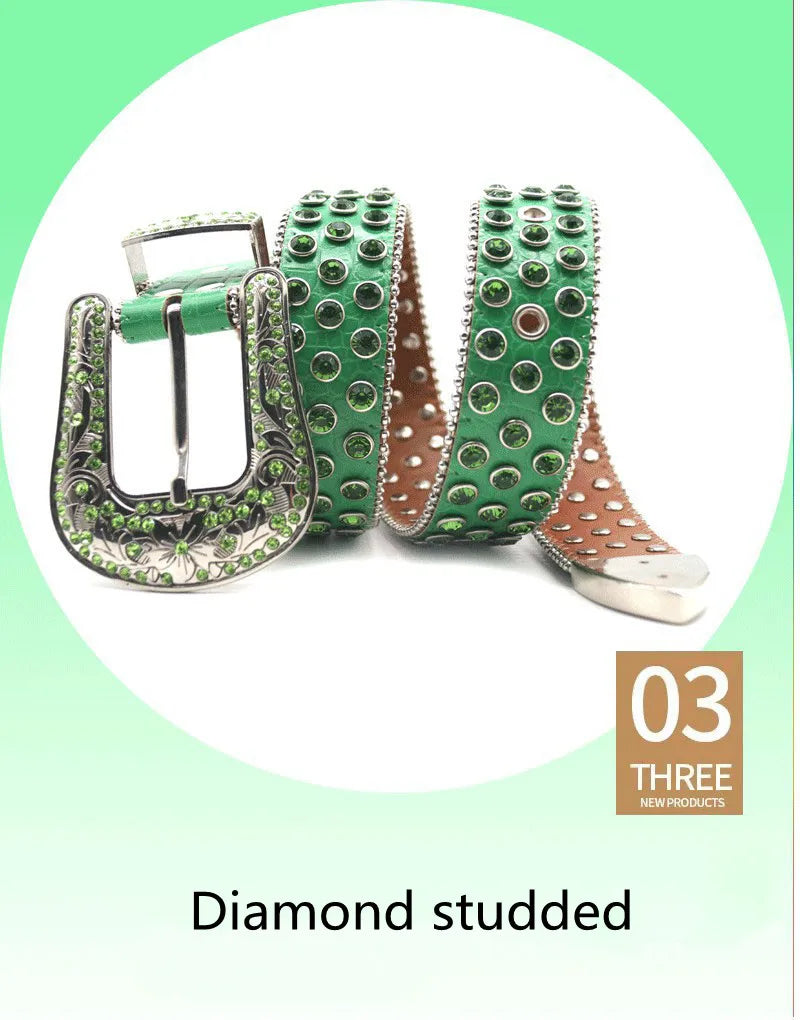 men & women fashion hip hop rock diamond studded belts soft leather rhinestone belt women designer waistband green pin buckle strapon